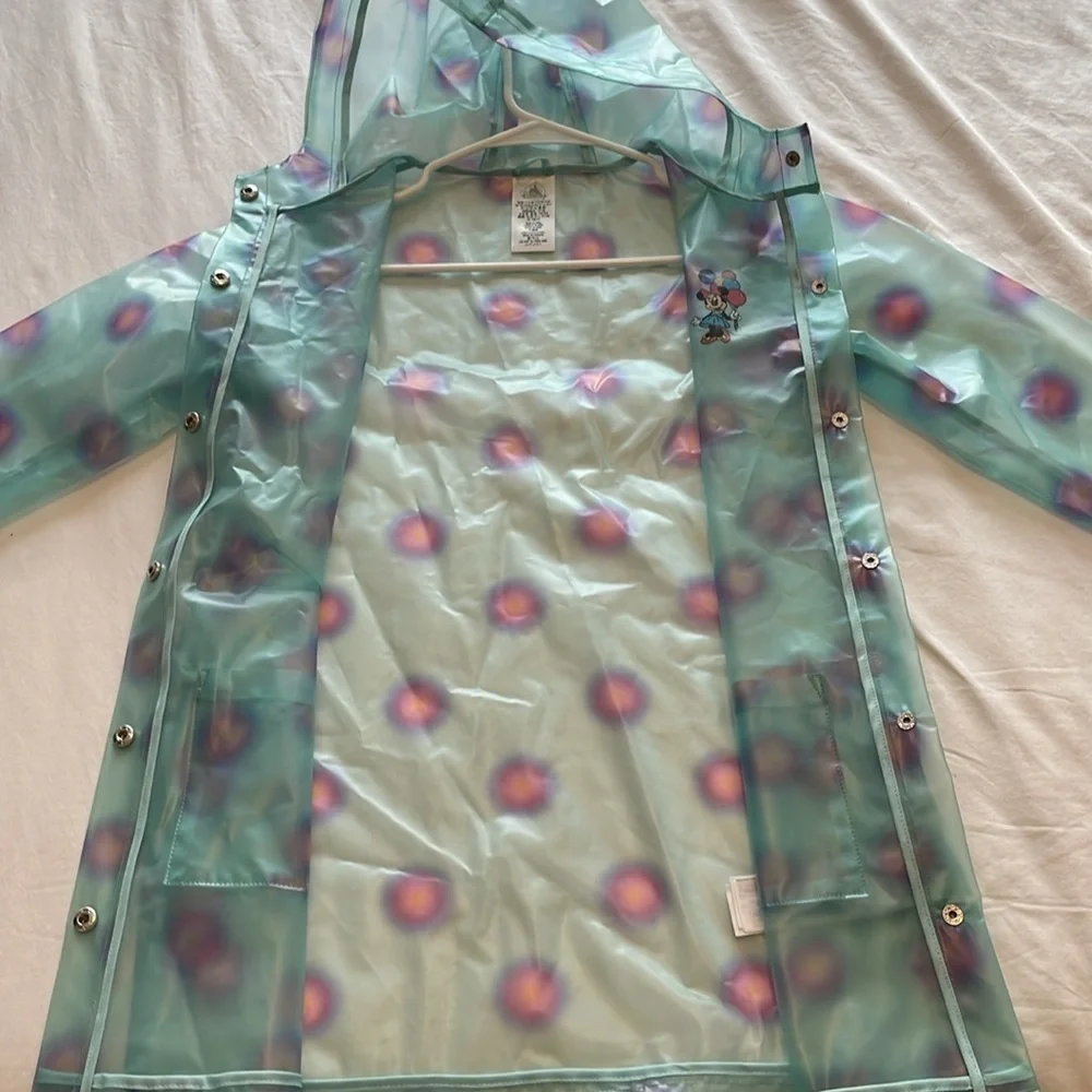 DISNEY Girls Snap Front Turquoise Polka Dot Minnie Mouse Hooded RainJacket 11/12 - Picture 10 of 10